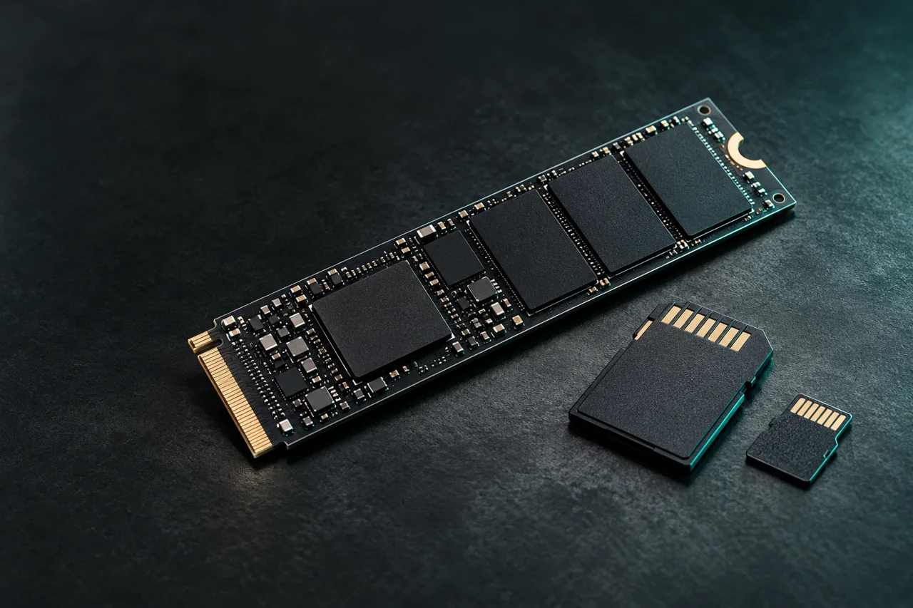 SSD NVMe e schede di memoria, immagine illustrativa